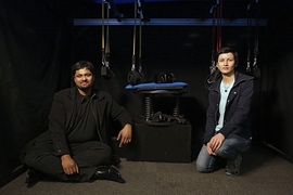 MIT Media Lab researchers Dhruv Jain (left) and Misha Sra are creators of the Amphibian SCUBA diving simulator.