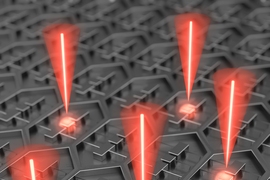Researchers at MIT and Sandia National Laboratories have designed a device that is an array of 37 microfabricated lasers on a single chip. Its power requirements are relatively low because the radiation emitted by all of the lasers is “phase locked,” meaning that the troughs and crests of its waves are perfectly aligned. 
