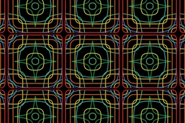 This image shows simulated iso-frequency contours of a photonic crystal slab superimposed on each other and tiled. 
