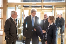 U.S. Secretary of State John Kerry, before his speech at MIT, talking with MIT President L. Rafael Reif (left) and Vice President for Research Maria Zuber (right).
