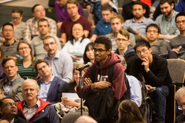 A student posed a question to Lander following his lecture.

