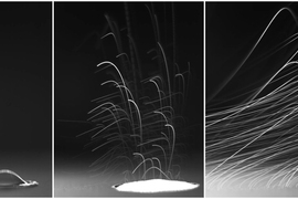 A raindrop, splashing on a porous surface, can release thousands of aerosols, as captured here in high-speed imaging experiments.
