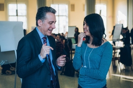 Ian Waitz talks with senior Irena Martinez.
