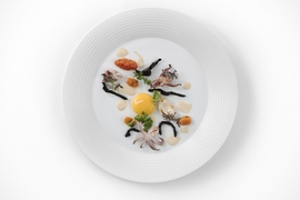 Helix noodle with Point Judith squid, confit egg yolk and white hoisin (coined by Matthew Delisle)
