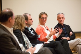 A panel discussion on the future of sensing technologies, moderated remotely by NPR talk show host Tom Ashbrook (not seen here), featured (from left to right) MIT Professor Vladimir Bulovic, The Engine President and CEO Katie Ray, MIT Professor David Mindell, Massachusetts 
Assistant Secretary of Innovation, Technology and Entrepreneurship Katie Stebbins, and MIT Professor James Collins.
