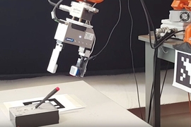 A GelSight sensor attached to a robot’s gripper enables the robot to determine precisely where it has grasped a small screwdriver, removing it from and inserting it back into a slot, even when the gripper screens the screwdriver from the robot’s camera.
