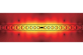 A micrograph of the MIT researchers’ new device, with a visualization of electrical-energy measurements and a schematic of the device layout superimposed on it.
