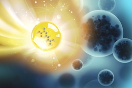 Researchers are hoping to use nanotechnology to develop more targeted treatments for drug-resistant bacteria. In this illustration, an antimicrobial peptide is packaged in a silicon nanoparticle to target bacteria in the lung.
