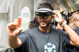 One of the members of Waypoint demonstrates the startup’s augmented-reality glasses, which are used for recording and sharing expert knowledge from and for frontline workers in hospitals and other care facilities.
