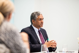 Anantha Chandrakasan, dean of MIT’s School of Engineering, who negotiated the collaboration on behalf of MIT, speaks during the signing of the agreement with representatives of IBM.
