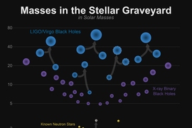 The masses of stellar remnants are measured in many different ways. This graphic shows the masses for black holes detected through electromagnetic observations (purple), black holes measured by gravitational wave observations (blue), neutron stars measured with electromagnetic observations (yellow), and the masses of GW170817 measured by gravitational wave observations (orange). The remnant of GW1...
