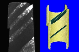 The sliding of a perfect twin boundary, with mirrored crystal lattices on both sides, was long considered to be impossible at room temperature in metals. Here, authors show that it is possible when a nanoscale twin boundary within a copper nanopillar is compressed along certain orientations, through in-situ transmission electron microscopy (left) and molecular dynamics simulation (right). 
