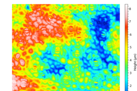 A height profile map demonstrates a highly nonplanar leaf surface. This and the nonuniform wetting leaf properties were the main challenges to printing micrometer-sized features on the leaf surface.
