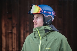Ted Ligety wearing the helmet and goggle collection that Shred will be debuting at the Olympics. MIT students and faculty helped enhance the lens technology used in the lenses of these goggles.
