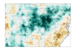 This map shows deviations in precipitation compared to the previous half-century. Areas of increased rainfall are shown in green (with the darkness increasing in proportion to the amount of increase) and areas
