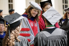 Chancellor Cynthia Barnhart SM ’86, PhD ’88 congratulated a member of the class of 2018.