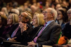 MIT President L. Rafael Reif listens as singer Renée Fleming gives the Spring 2019 Compton Lecture at MIT’s Kresge Auditorium.