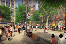 Conceptual rendering of a tree-lined pedestrian walkway surrounded by buildings featuring retail shops at ground level
