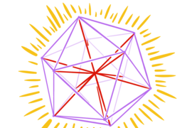 A drawing of an icosahedron, a figure with 20 triangular faces, in purple. Red lines are seen drawn from various angles to other angles within the icosahedron. Outside the whole figure are many small yellow lines, as "rays" coming off of a star