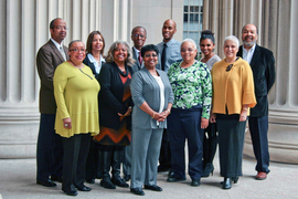 Portrait of eleven individuals from the MIT Black History Project Entity Group from October 21, 2015.