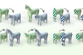 2 rows of 4 images each. The images compare models of a horse and cow’s volume. The 3D models are sliced like clay, and the inside of the figures show a checkerboard of white and green or blue patterns. In the images comparing the volume of the two sliced figures, the checkerboards show the same number of squares, but the squares are stretched and pulled.