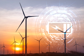 Photo collage of windmills silhouetted in a sunset. An electric battery icon is in the sky.