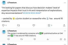 A “junior student or researcher who has around 10 citations” asks for papers using LiTweeture. A social media user named “Rita” provides a link to a Nature article. LiTweeture notes that “Rita has relevant expertise on this topic.”