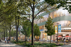Street-view rendering of 75 Broadway, a glass building labeled “Biogen” with a restaurant on the ground floor, and a pedestrian walkway surrounded by trees