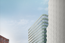 Artist rendering of 75 Broadway, full view along Broadway