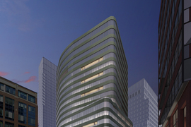 Artist rendering of 75 Broadway, nighttime view from Ames Street
