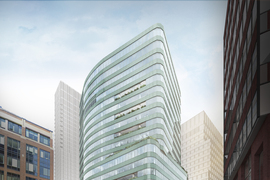 Artist rendering of 75 Broadway, daytime view from Ames Street