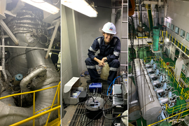 Three photos show parts of the ship and Patricia Stathatou conducting research.