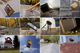 Twelve computer-generated images of teakettles and other objects floating in different scenes.