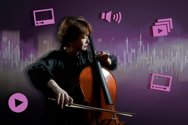 Woman plays cello with audio and video icons in background.