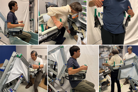 6 photos show people using a prototype of the robot.