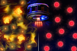 Digital college shows a lens with stylized atoms, yellow on the left and red on the right