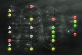 Stylized large language model with red, yellow, and green spheres.