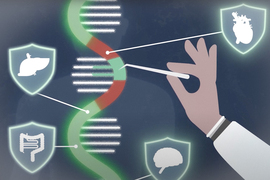 Tweezers pluck a piece from an RNA strand, with organ icons around it.