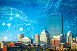 Boston skyline with decorative background