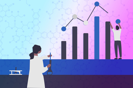 Two scientists, one in lab, and one building a unique bar graph.