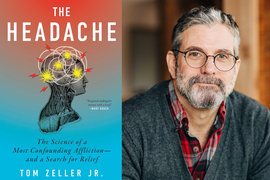 The book cover for “The Headache,” and Tom Zeller.