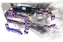 Figure shows the flight path of a drone that captures photos, and the partially-generated office cubicle it senses.