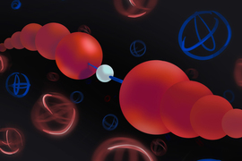 Two ions, made of red spheres, meet and a white sphere is transferred.