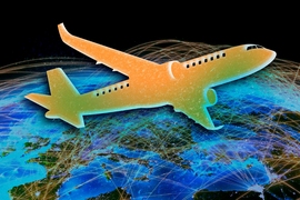 Plane over globe, showing plane routes from big cities