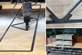 Three photos show examples of flooring being 3D-printed. First it is extruded to create foundation and joints. The final looks like a table as it shows the layers of materials.