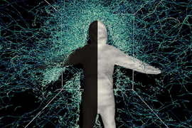 A human figure is colored half black and half white while thousands of flight paths surround it. 