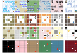 Several simple 2D videogames that are mazes with obstacles and prizes. On right, there are hidden traps on the gameboard.