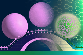 Three spheres cross a bridge, transforming from a solid “moon” to a lattice sphere of atoms.
