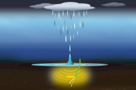 Rain fall causes a puddle and noise on the ground, represented by yellow light surrounding a seed. The seed starts to grow.