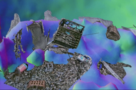 Sea sediment, including rocks and a milk crate, float atop a murky green and indigo background.